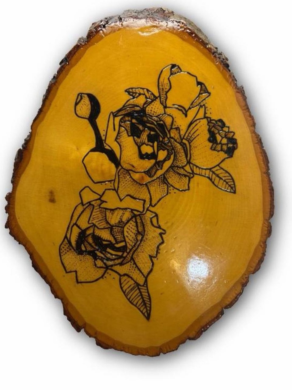 Hand-Painted  and Burnt Floral Wood Slice Wall Art